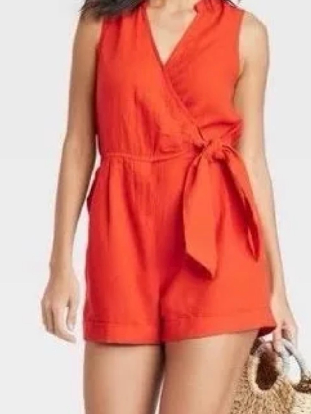 a new day Bright Red Sleeveless Wrap Romper with Tie